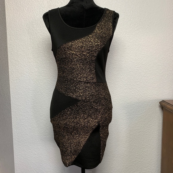 Agaci Black and Gold Bodycon Dress - Picture 1 of 7